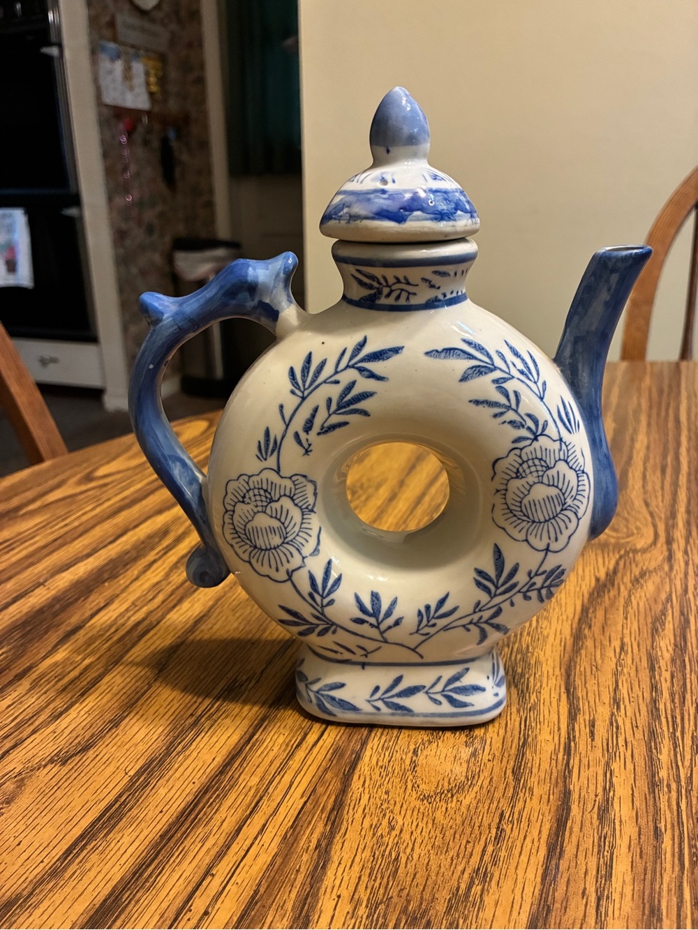 Vintage Chinese Teapot with lid-Blue & White- Donut Hole Design